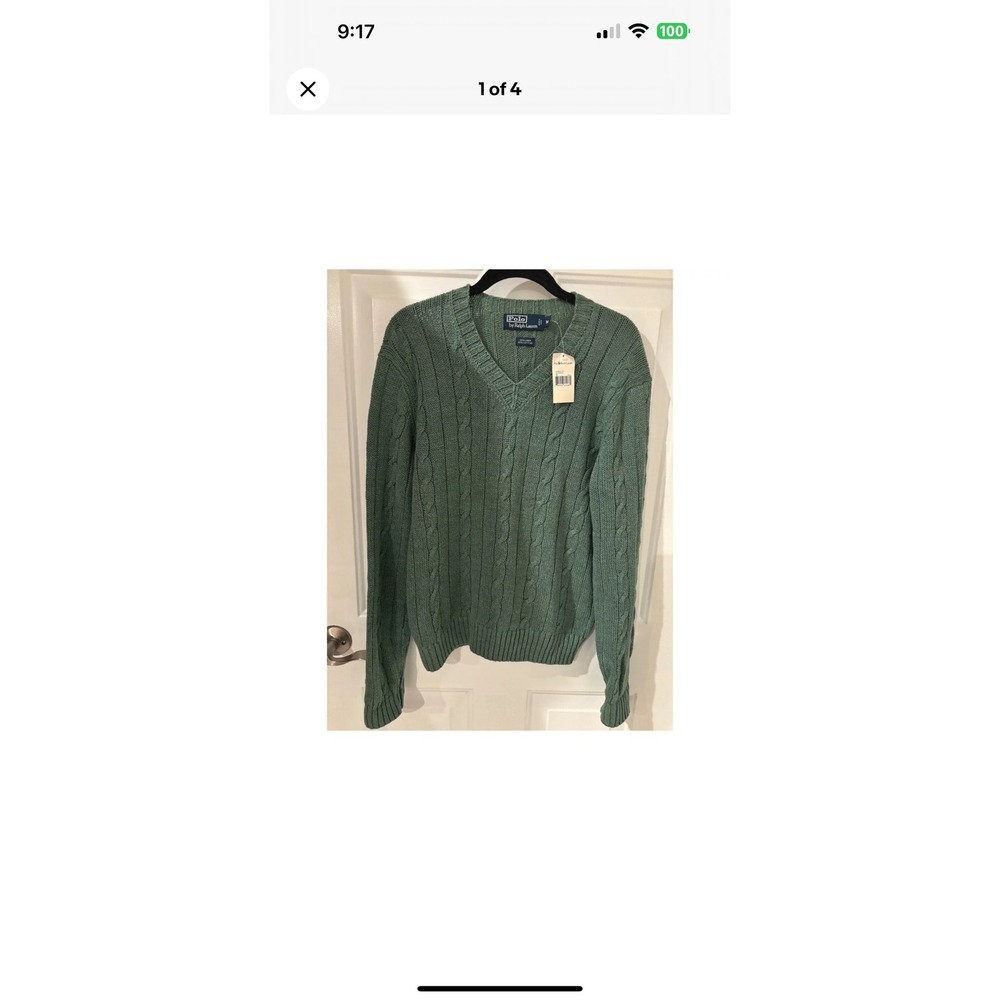 Polo Ralph Lauren Cable Knit Sweater V-Neck Cotton Blend Green M